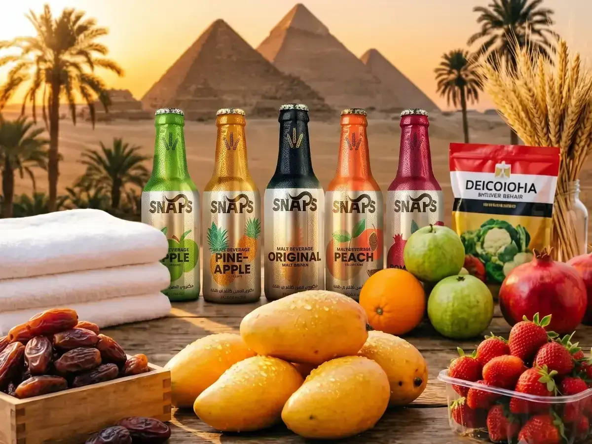 Egyptian Export Products Showcase Egyptian export products including mangoes, dates, cotton towels, fruit, and packaged goods